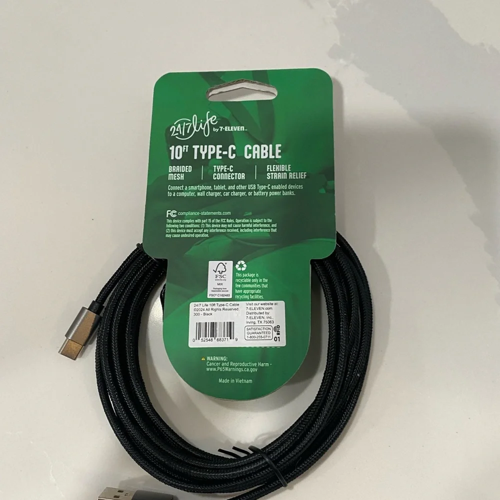 Black USB-C Charger Cable 10ft for Type C Devices